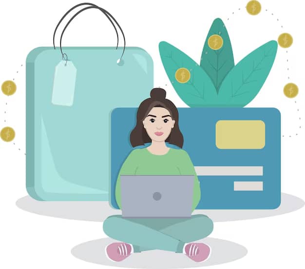 Ilustração de uma mulher sentada com um notebook no colo, à frente de um grande cartão de crédito azul e uma sacola de compras. Atrás dela, há uma planta verde com moedas douradas flutuando ao redor. Fundo branco.