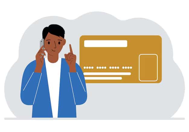 Ilustração de um homem falando ao telefone e levantando o dedo indicador, com um grande cartão de crédito dourado atrás dele. Fundo branco e cinza claro.