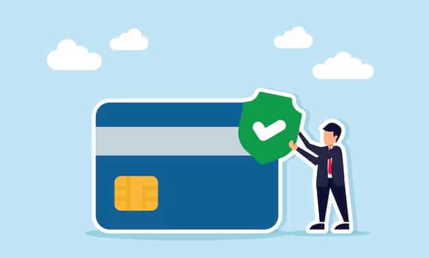 Ilustração de um homem de terno segurando um escudo verde com um símbolo de check branco na frente de um grande cartão de crédito azul. O fundo é azul claro com nuvens brancas, representando segurança nas transações.