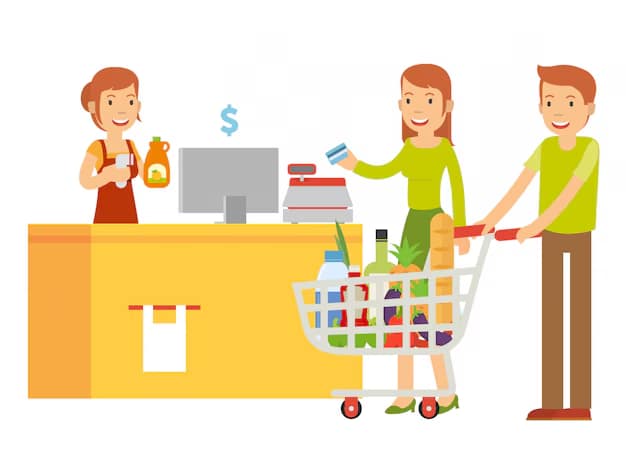 Ilustração de um casal fazendo compras no supermercado. A mulher segura um cartão de crédito para pagar enquanto o homem empurra o carrinho cheio de produtos. A atendente sorri atrás do balcão amarelo com uma garrafa na mão. Fundo branco.