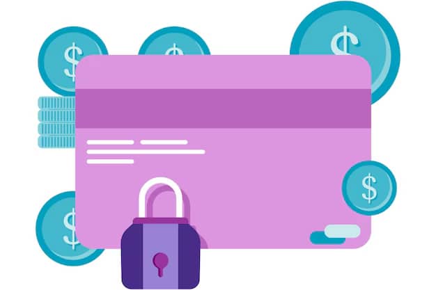 Ilustração de um grande cartão de crédito roxo com um cadeado na frente e moedas azuis ao redor, representando proteção de dados e segurança nas transações. Fundo branco.