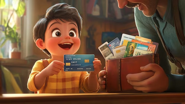Ilustração em estilo 3D de um menino sorridente segurando um cartão de crédito azul, enquanto um adulto ao lado segura uma carteira cheia de cartões. Cena colorida e aconchegante, com luz quente e ambiente doméstico.