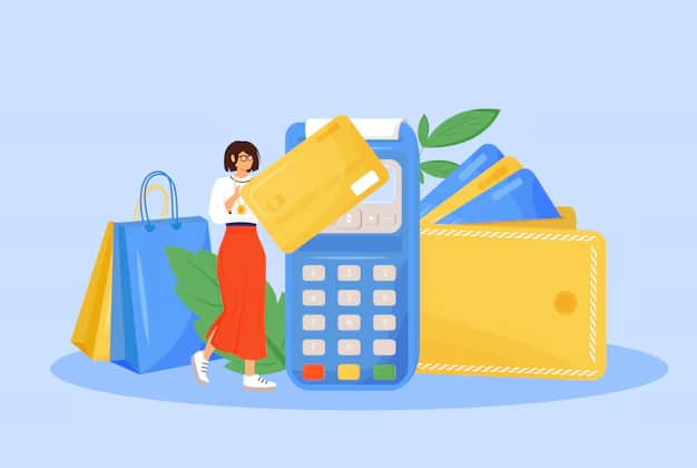Ilustração de uma mulher com sacolas de compras segurando um grande cartão amarelo próximo a uma máquina de pagamento azul. Ao fundo, há uma carteira e outros cartões. Fundo azul claro.