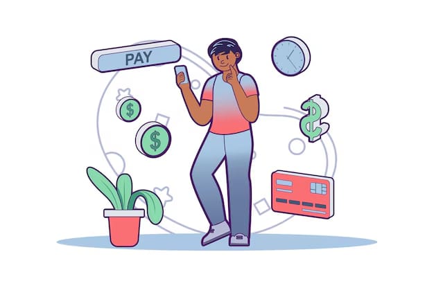 Ilustração de um homem segurando um smartphone com expressão pensativa, cercado por ícones de dólar, um cartão de crédito vermelho, relógio e botão de pagamento. Fundo branco com elementos em tons suaves.