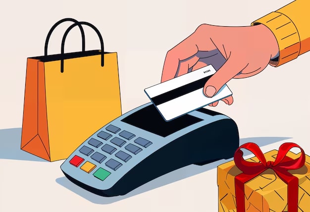 Ilustração de uma mão passando um cartão branco em uma máquina de pagamento. Ao redor, há uma sacola de compras amarela e um presente com laço vermelho. Fundo claro.