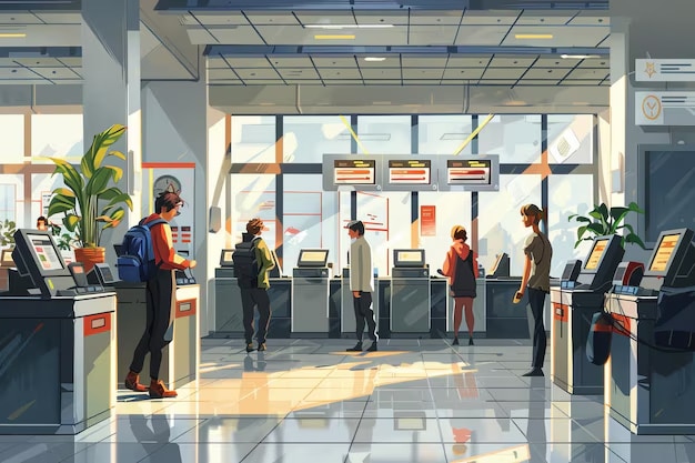 Ilustração realista de um saguão de aeroporto com várias pessoas fazendo check-in em totens eletrônicos. A luz do sol entra pelas grandes janelas, e há telas com informações de voos ao fundo.
