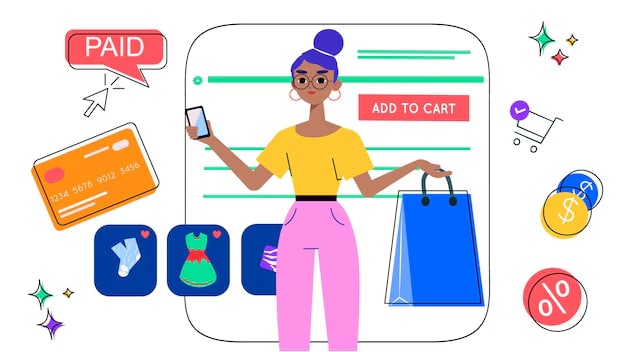 Ilustração colorida de uma mulher segurando um celular e uma sacola de compras, em frente a uma tela com o botão “Add to cart”. Ao redor, há ícones de cartão de crédito, roupas e símbolos de desconto e pagamento. Fundo branco.