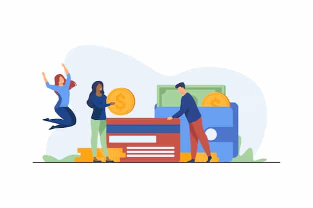 Ilustração de três pessoas comemorando ao redor de um grande cartão de crédito vermelho e moedas douradas, com notas de dinheiro e uma carteira azul ao fundo. Duas pessoas estão em pé e uma salta de alegria. Fundo branco.